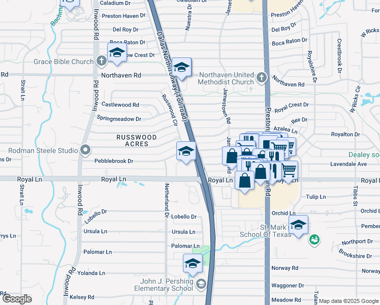 map of restaurants, bars, coffee shops, grocery stores, and more near 5540 Pebblebrook Drive in Dallas
