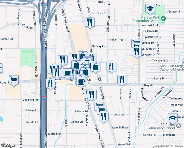 map of restaurants, bars, coffee shops, grocery stores, and more near 11611 Inwood Road in Dallas