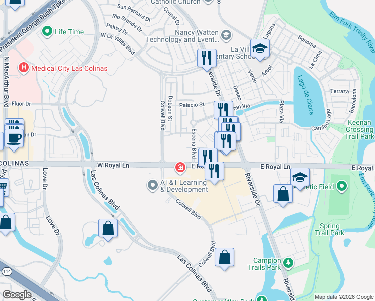 map of restaurants, bars, coffee shops, grocery stores, and more near 6401 Escena Boulevard in Irving