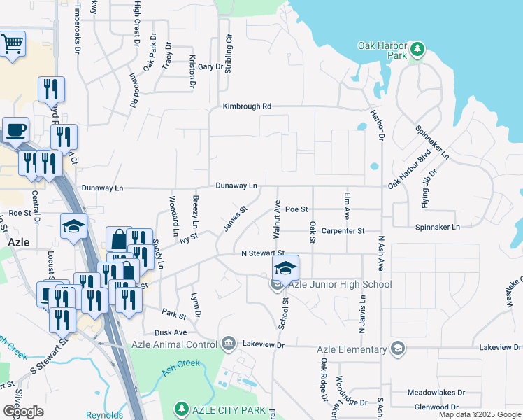 map of restaurants, bars, coffee shops, grocery stores, and more near 801 Poe Street in Azle
