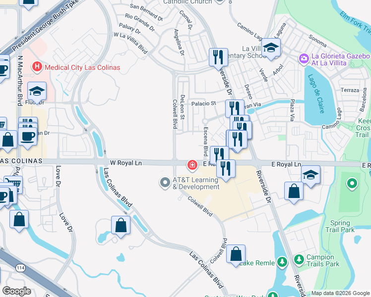 map of restaurants, bars, coffee shops, grocery stores, and more near 6401 Escena Boulevard in Irving