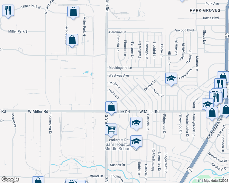 map of restaurants, bars, coffee shops, grocery stores, and more near 1706 Patton Drive in Garland