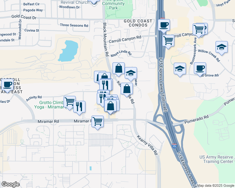 map of restaurants, bars, coffee shops, grocery stores, and more near 9555 Black Mountain Rd in San Diego