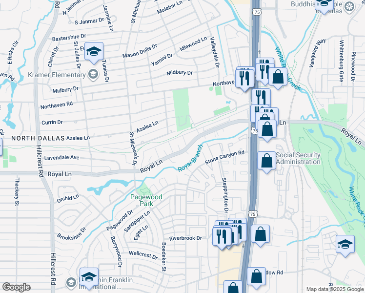 map of restaurants, bars, coffee shops, grocery stores, and more near 7547 Royal Place in Dallas
