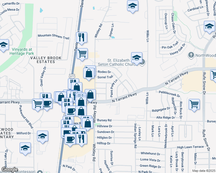 map of restaurants, bars, coffee shops, grocery stores, and more near 2077 Quarter Horse Lane in Keller