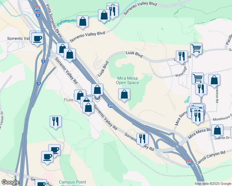 map of restaurants, bars, coffee shops, grocery stores, and more near 10251 Vista Sorrento Pkwy in San Diego