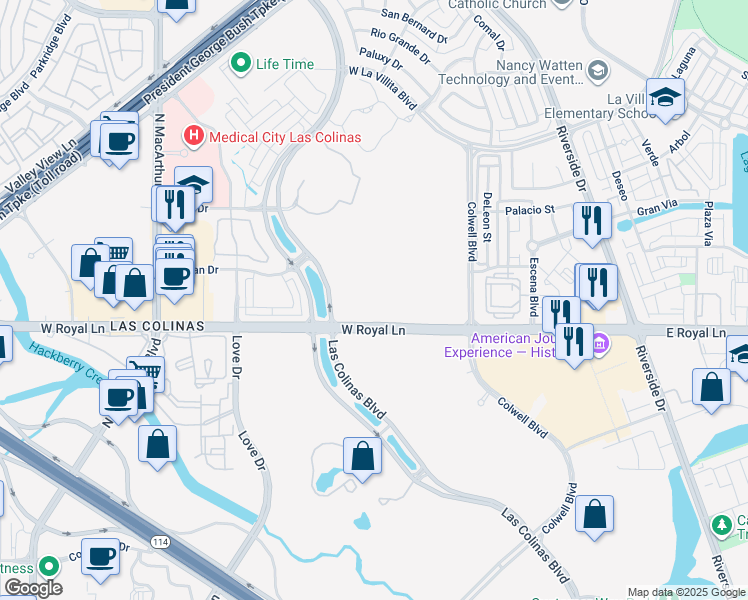 map of restaurants, bars, coffee shops, grocery stores, and more near 6400 Las Colinas Boulevard in Irving