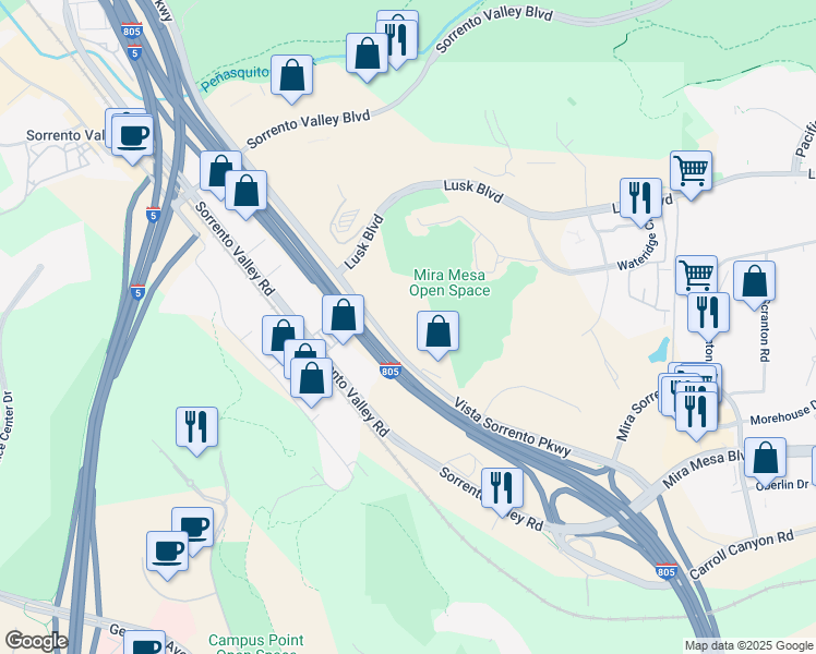 map of restaurants, bars, coffee shops, grocery stores, and more near 10385 Vista Sorrento Parkway in San Diego