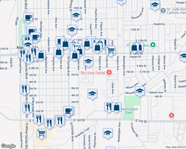 map of restaurants, bars, coffee shops, grocery stores, and more near 1100 7th Street in Alamogordo