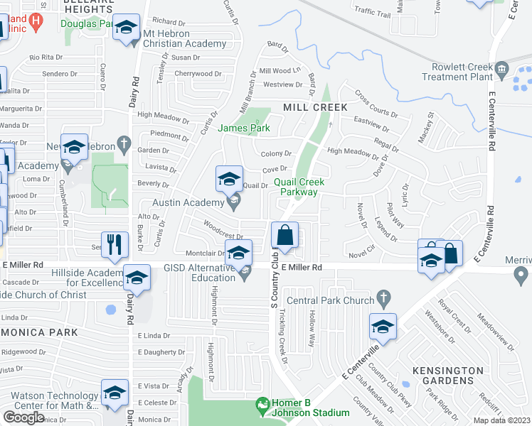 map of restaurants, bars, coffee shops, grocery stores, and more near 1730 Parkhurst Drive in Garland