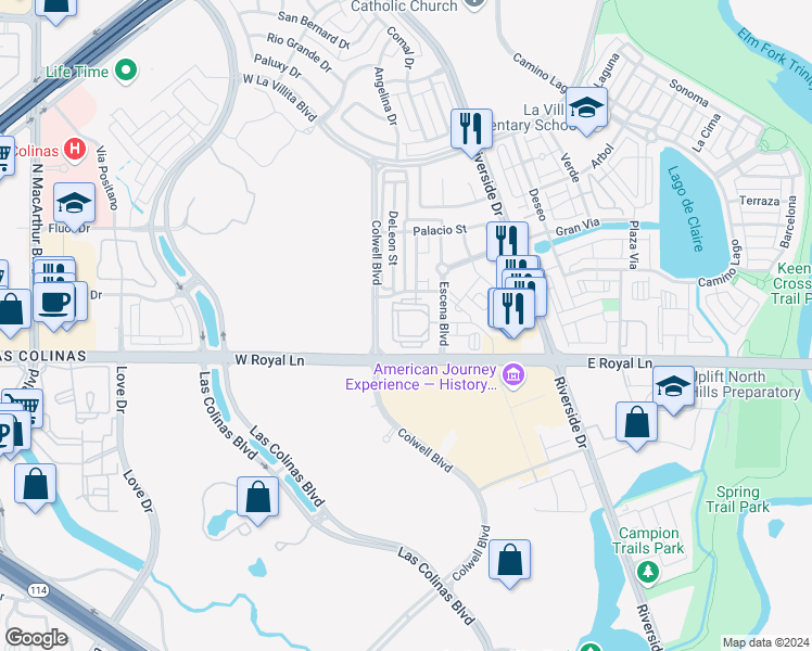 map of restaurants, bars, coffee shops, grocery stores, and more near 6501 Escena Boulevard in Irving
