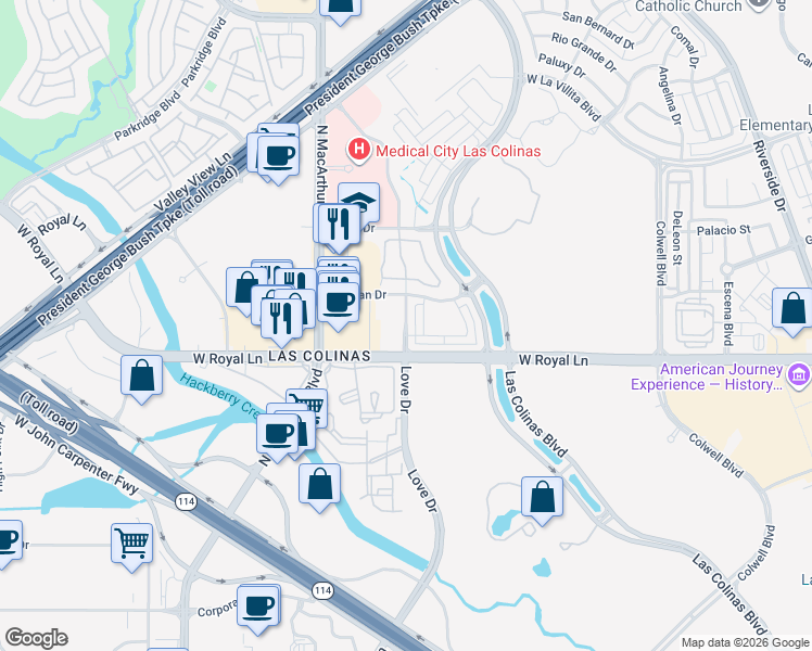 map of restaurants, bars, coffee shops, grocery stores, and more near 6422 Love Drive in Irving