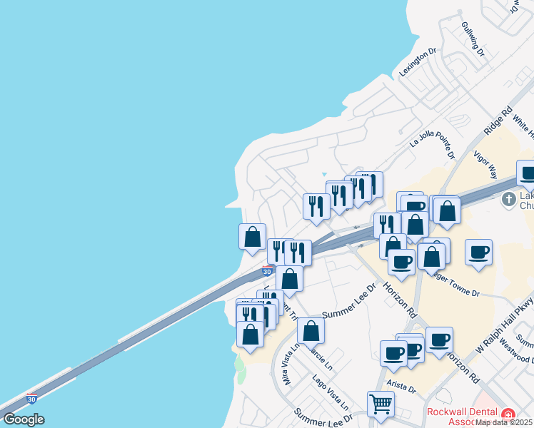 map of restaurants, bars, coffee shops, grocery stores, and more near 1886 Huron Drive in Rockwall
