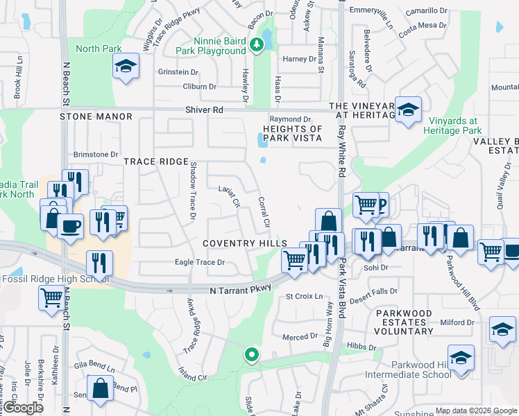 map of restaurants, bars, coffee shops, grocery stores, and more near 8644 Lariat Circle in Fort Worth