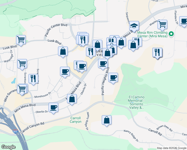 map of restaurants, bars, coffee shops, grocery stores, and more near 6059 Cornerstone Court West in San Diego