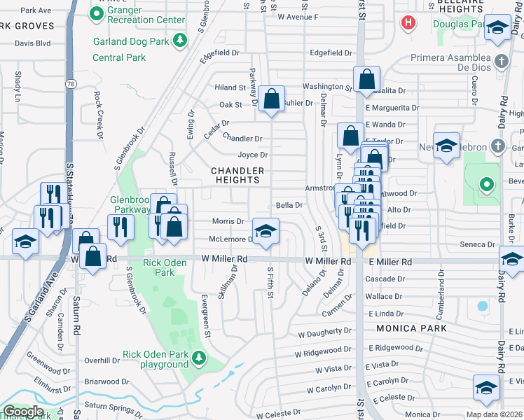 map of restaurants, bars, coffee shops, grocery stores, and more near 517 Morris Drive in Garland