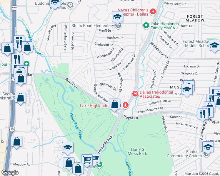 map of restaurants, bars, coffee shops, grocery stores, and more near 8608 Stillwater Drive in Dallas