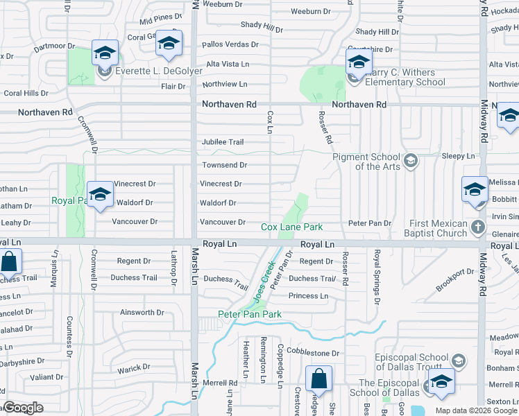 map of restaurants, bars, coffee shops, grocery stores, and more near 3787 Vancouver Drive in Dallas