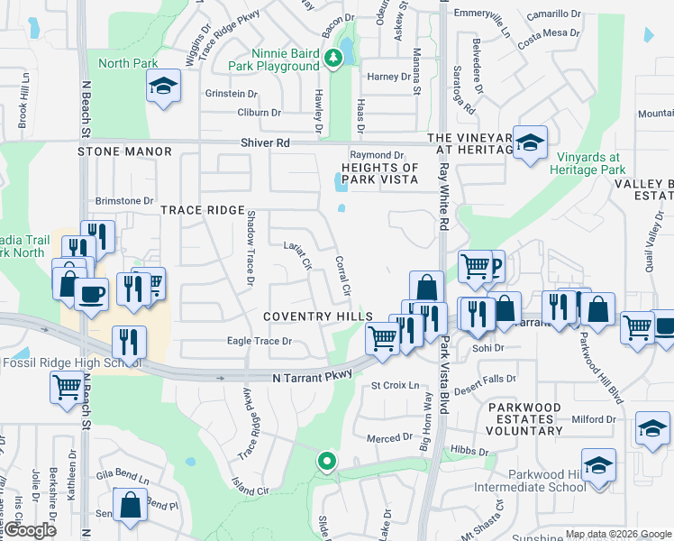 map of restaurants, bars, coffee shops, grocery stores, and more near 8644 Lariat Circle in Fort Worth