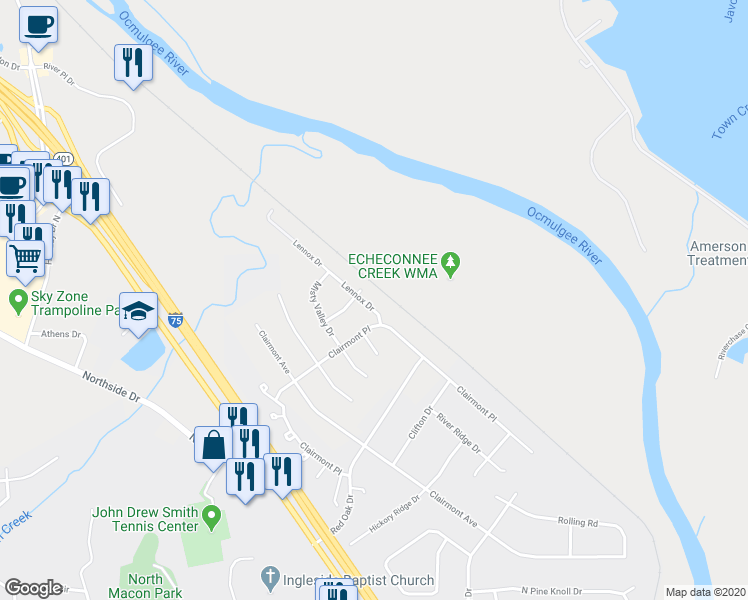 map of restaurants, bars, coffee shops, grocery stores, and more near 3225 Lennox Drive in Macon