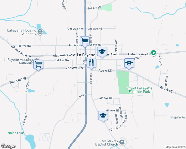 map of restaurants, bars, coffee shops, grocery stores, and more near 214 1st Street Southeast in La Fayette