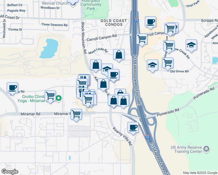 map of restaurants, bars, coffee shops, grocery stores, and more near 9535 Kearny Villa Rd in San Diego