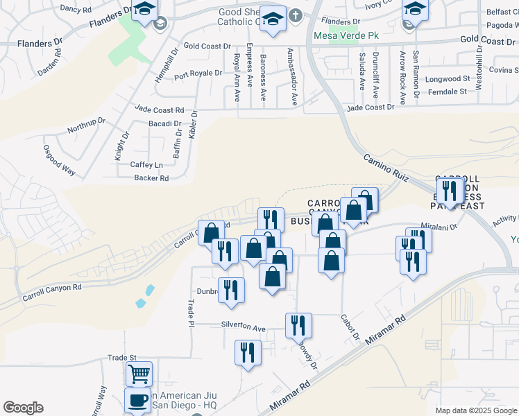 map of restaurants, bars, coffee shops, grocery stores, and more near 14789 sierra way in San Diego