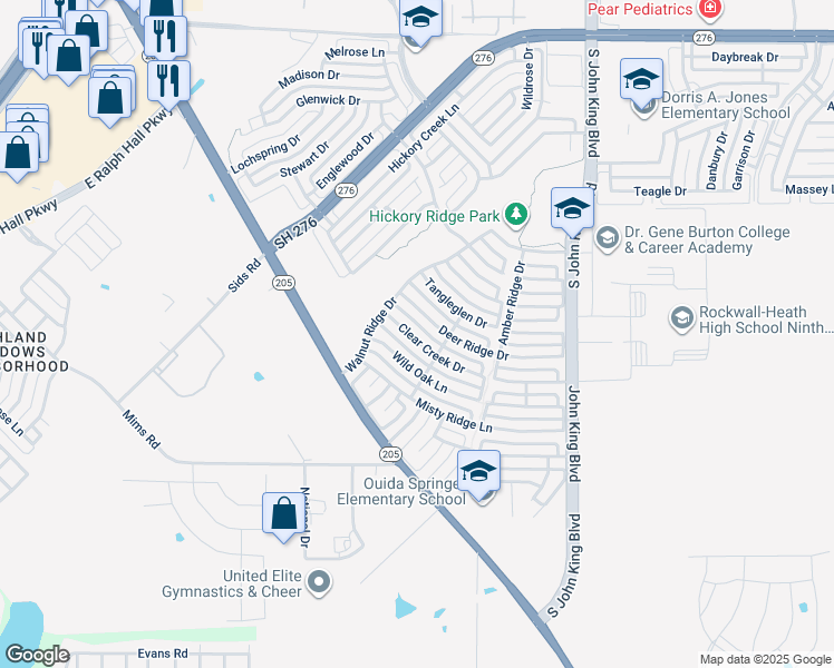 map of restaurants, bars, coffee shops, grocery stores, and more near 2834 Clear Creek Drive in Rockwall