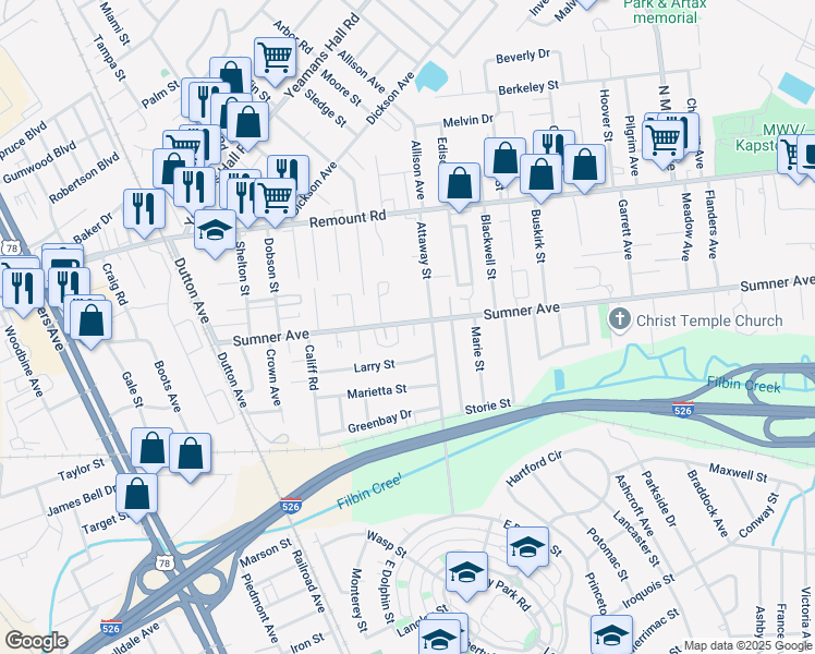 map of restaurants, bars, coffee shops, grocery stores, and more near 1535 Sumner Avenue in North Charleston