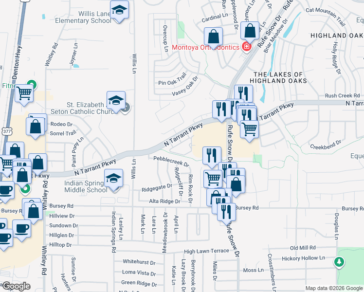 map of restaurants, bars, coffee shops, grocery stores, and more near 500 North Tarrant Parkway in Keller