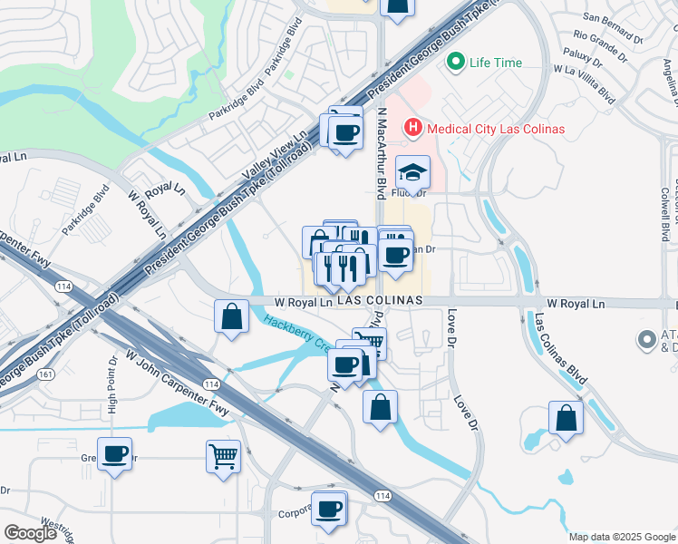 map of restaurants, bars, coffee shops, grocery stores, and more near 801 West Royal Lane in Irving