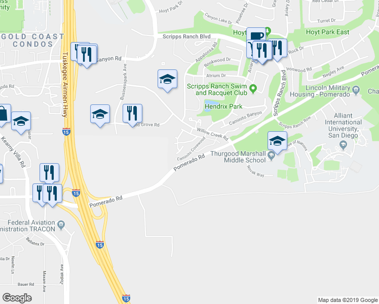 map of restaurants, bars, coffee shops, grocery stores, and more near 10247 Caminito Covewood in San Diego
