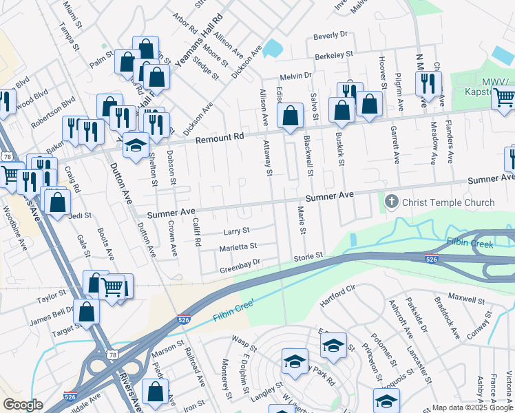 map of restaurants, bars, coffee shops, grocery stores, and more near 1535 Sumner Avenue in North Charleston