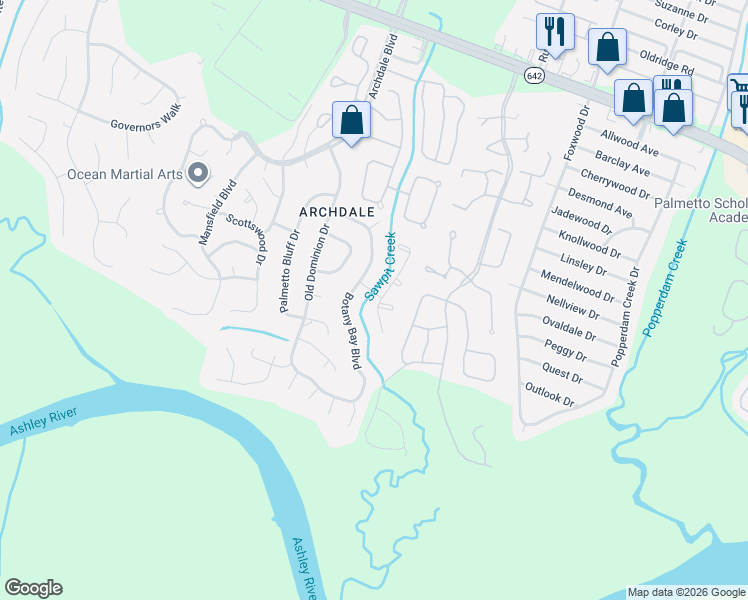 map of restaurants, bars, coffee shops, grocery stores, and more near 131 Botany Bay Boulevard in Charleston