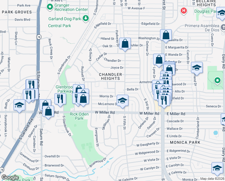 map of restaurants, bars, coffee shops, grocery stores, and more near 517 Morris Drive in Garland