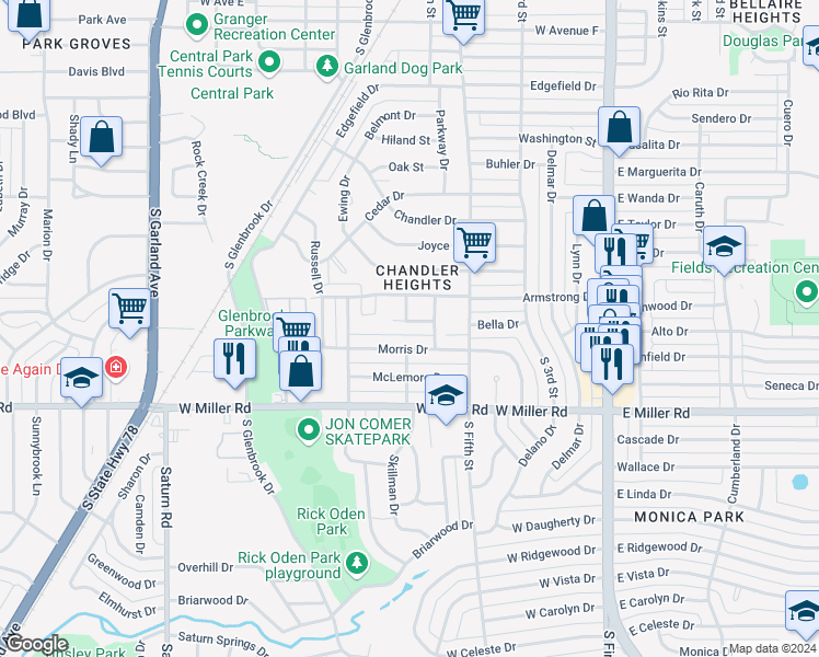 map of restaurants, bars, coffee shops, grocery stores, and more near 701 Morris Drive in Garland