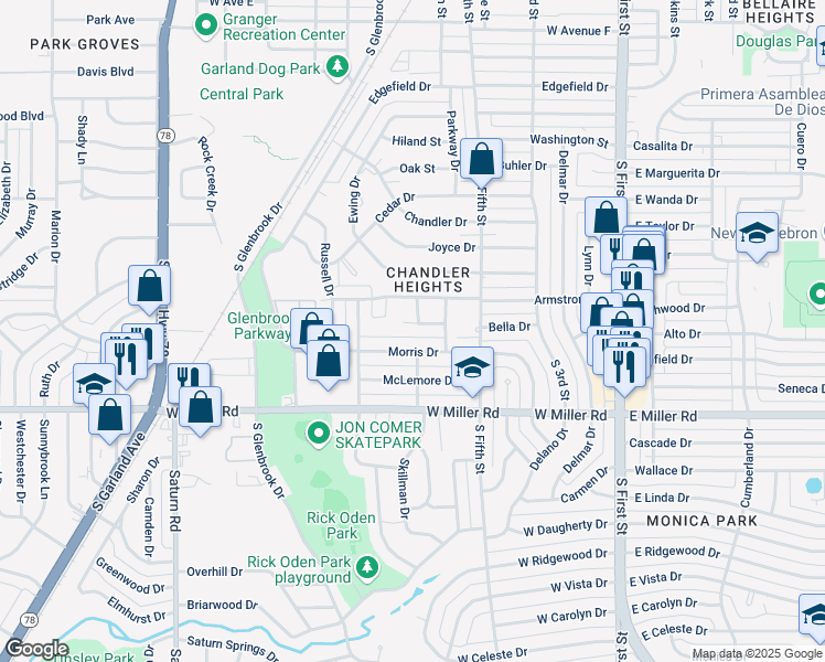 map of restaurants, bars, coffee shops, grocery stores, and more near 701 Morris Drive in Garland