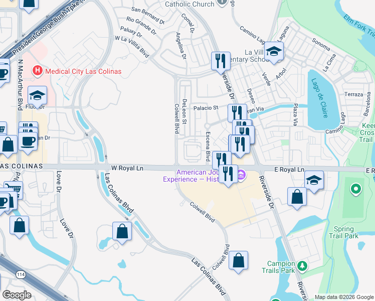 map of restaurants, bars, coffee shops, grocery stores, and more near 6423 East Royal Lane in Irving