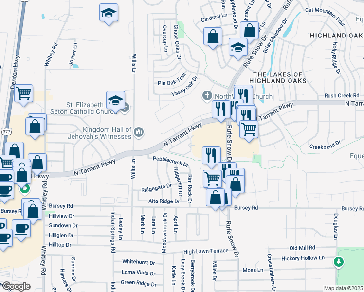 map of restaurants, bars, coffee shops, grocery stores, and more near 500 North Tarrant Parkway in Keller