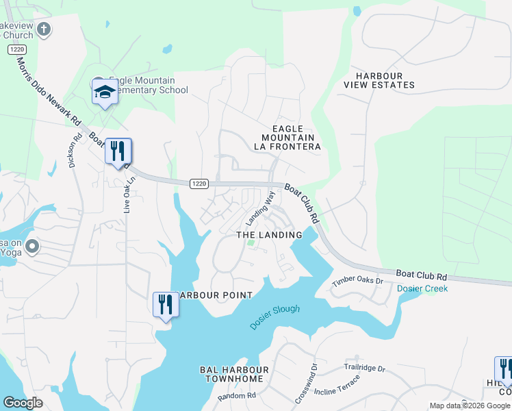 map of restaurants, bars, coffee shops, grocery stores, and more near 9533 Landing Way in Fort Worth