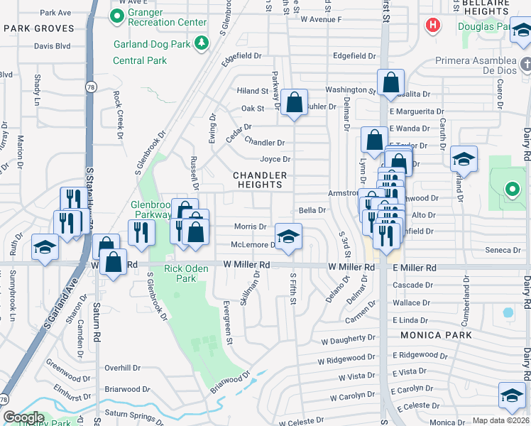 map of restaurants, bars, coffee shops, grocery stores, and more near 517 Morris Drive in Garland