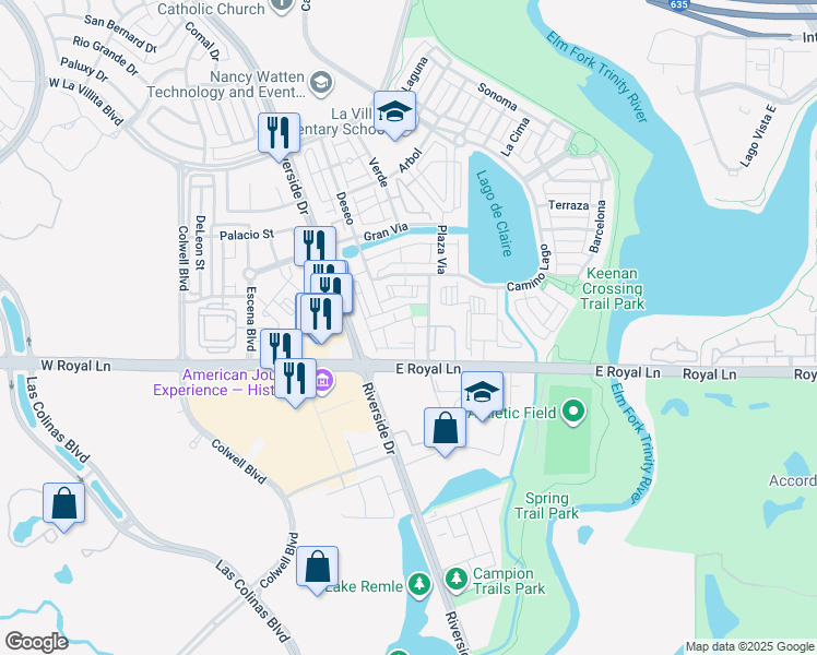 map of restaurants, bars, coffee shops, grocery stores, and more near 6427 Tranquilo in Irving