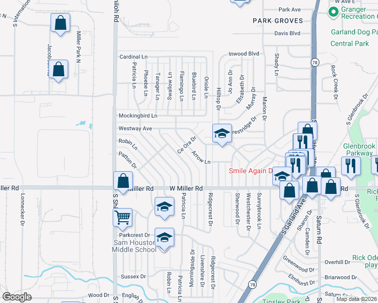 map of restaurants, bars, coffee shops, grocery stores, and more near 1805 Arrow Lane in Garland