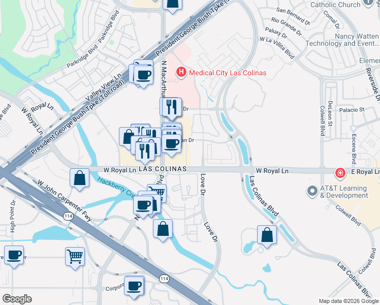 map of restaurants, bars, coffee shops, grocery stores, and more near 6420 North MacArthur Boulevard in Irving