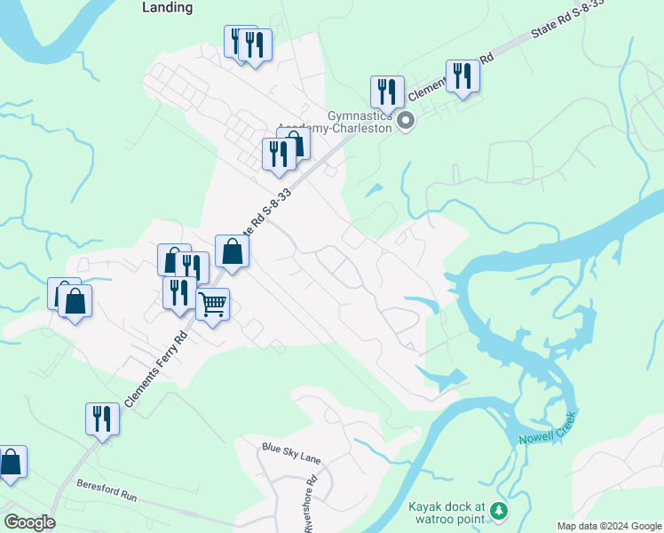 map of restaurants, bars, coffee shops, grocery stores, and more near 524 Tayrn Drive in Charleston