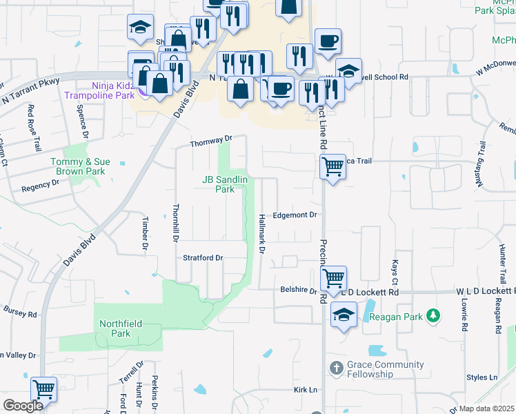 map of restaurants, bars, coffee shops, grocery stores, and more near 9100 Edgemont Drive in North Richland Hills