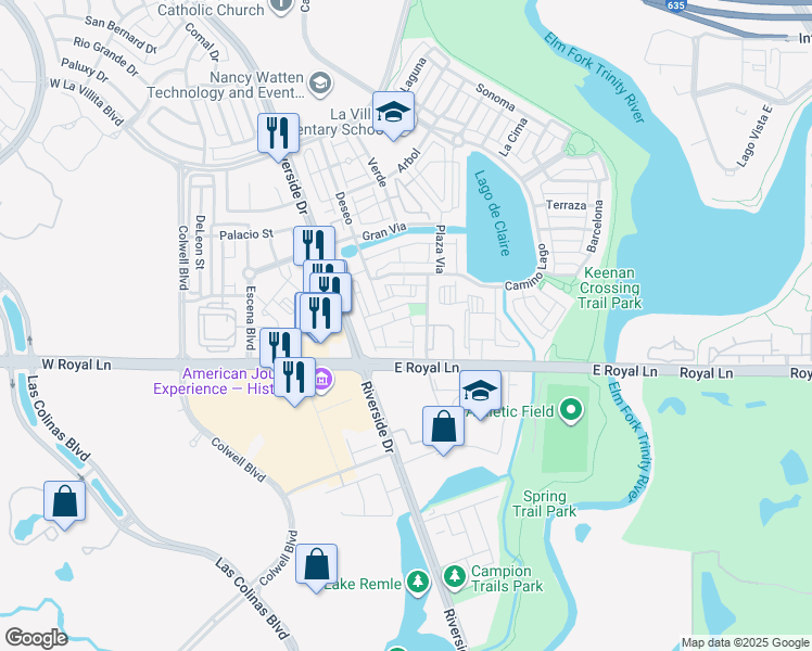 map of restaurants, bars, coffee shops, grocery stores, and more near 6419 Tranquilo in Irving