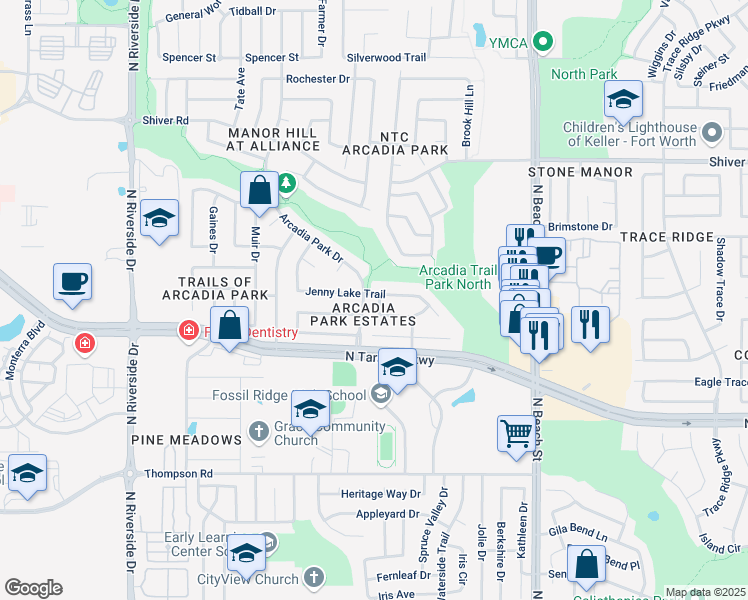 map of restaurants, bars, coffee shops, grocery stores, and more near 8563 Birch Creek Road in Fort Worth