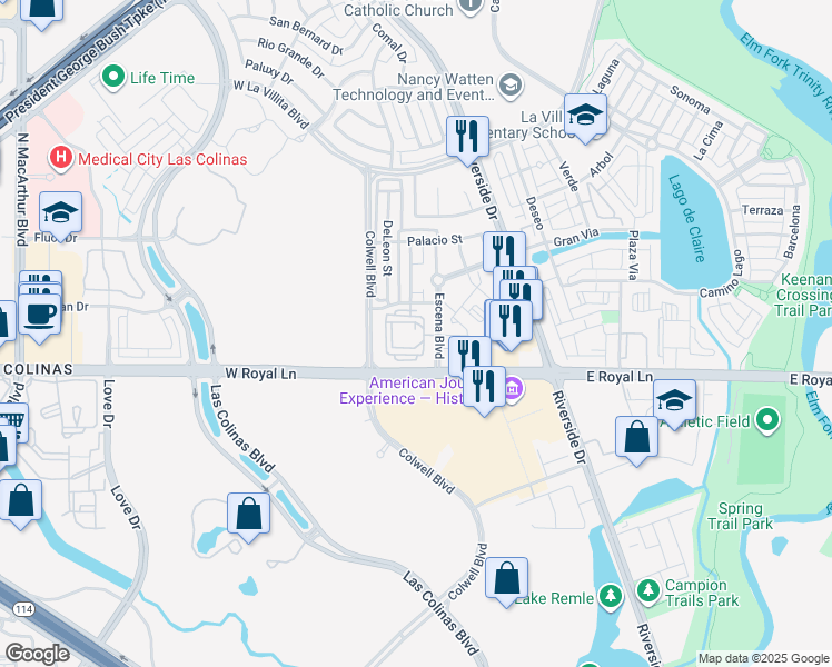map of restaurants, bars, coffee shops, grocery stores, and more near 6401 Escena Boulevard in Irving