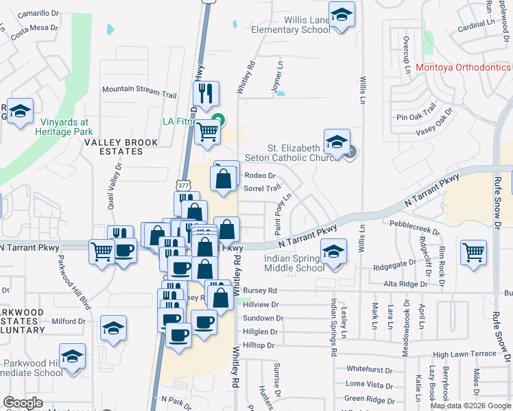 map of restaurants, bars, coffee shops, grocery stores, and more near 212 Cutting Horse Lane in Keller